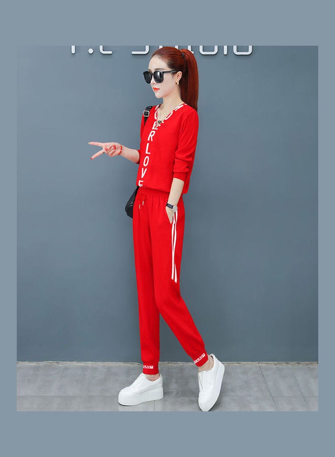 2-Piece V-Neck Top And Drawstring Pants Set Red/White