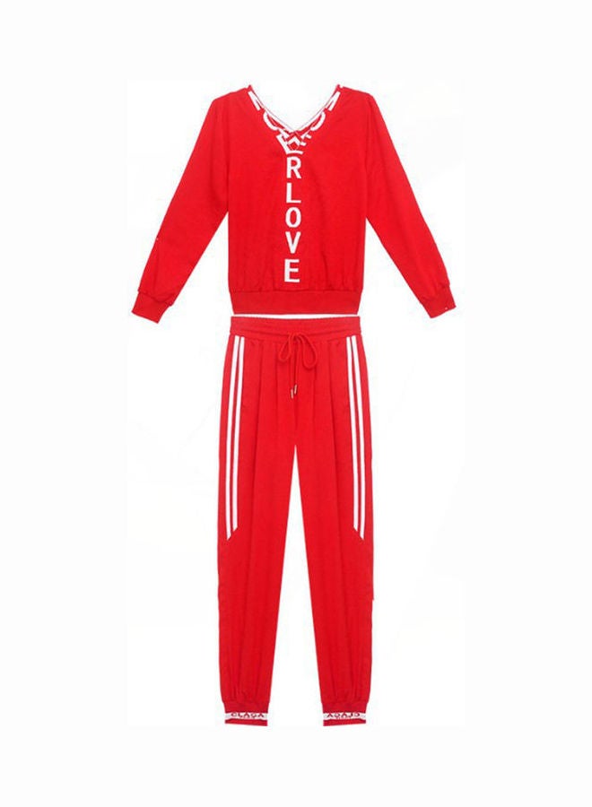 2-Piece V-Neck Top And Drawstring Pants Set Red/White