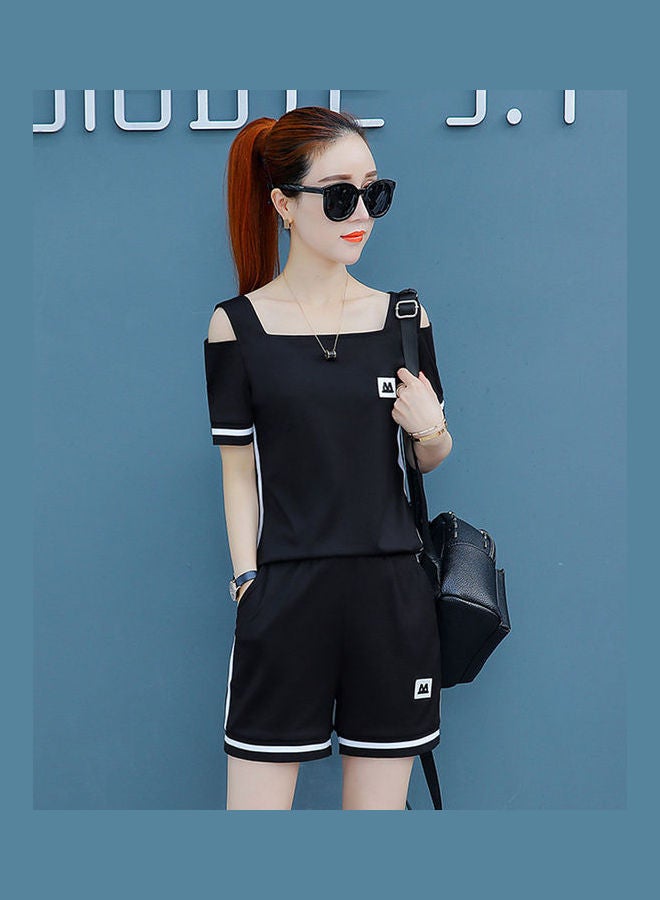 2-Piece Strriped Top And Straight Shorts Set Black/White