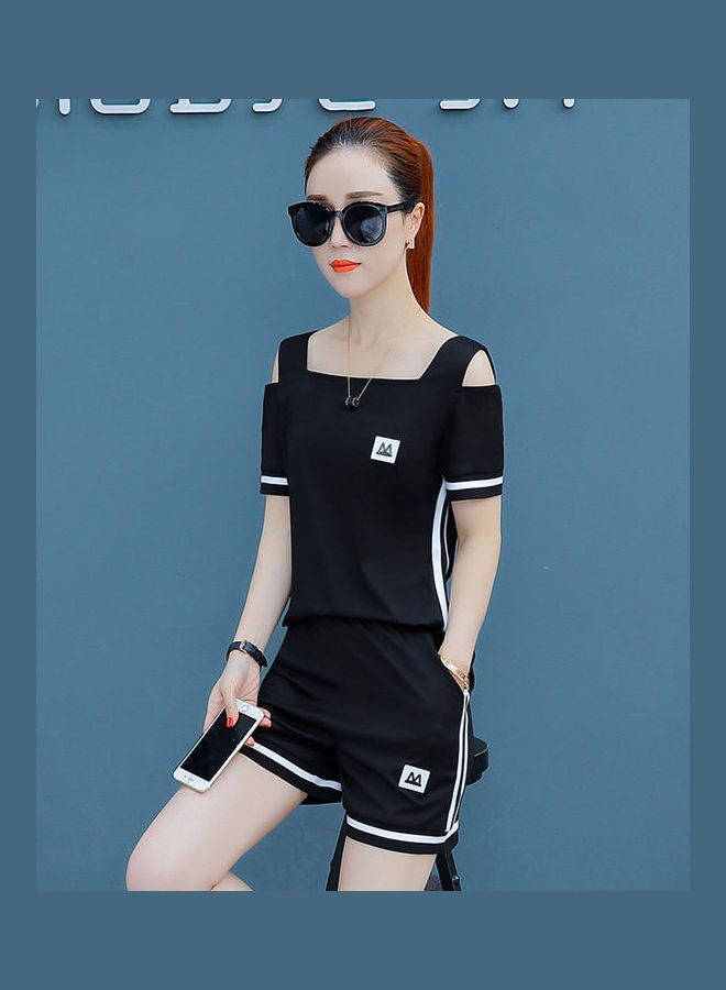 2-Piece Strriped Top And Straight Shorts Set Black/White