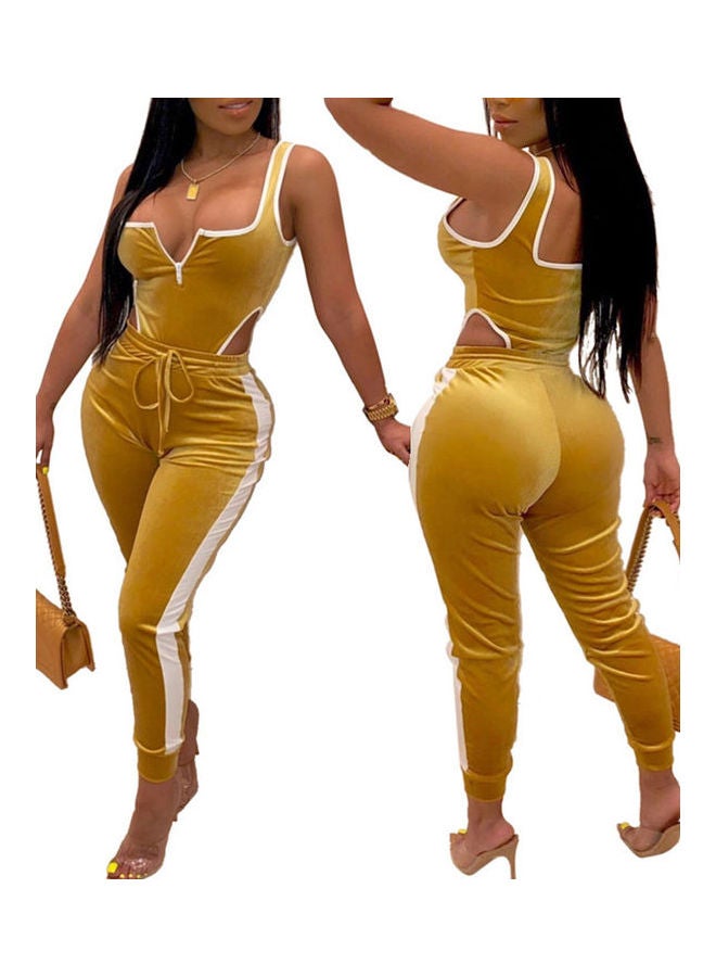 Sleeveless Backless Bodysuit And Drawstring Stripe Pants Set Yellow