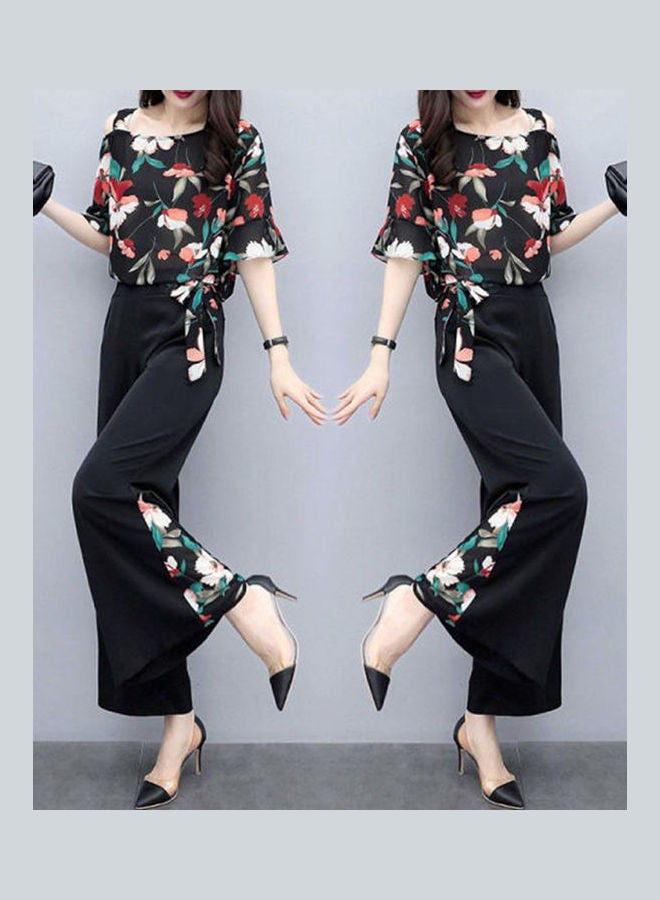 Fashion Slim Floral Printing Tops And Wide Leg Pants Suit Outfit Black