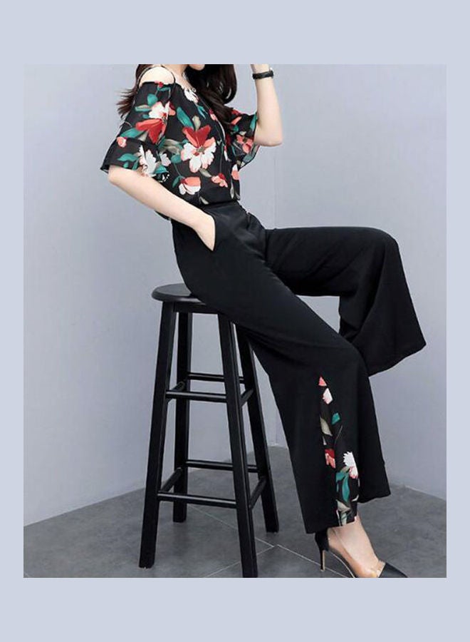 Fashion Slim Floral Printing Tops And Wide Leg Pants Suit Outfit Black