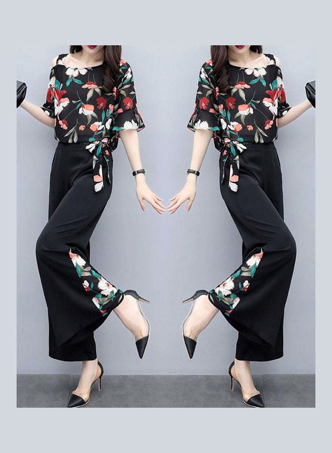 Fashion Slim Floral Printing Tops And Wide Leg Pants Suit Outfit Black