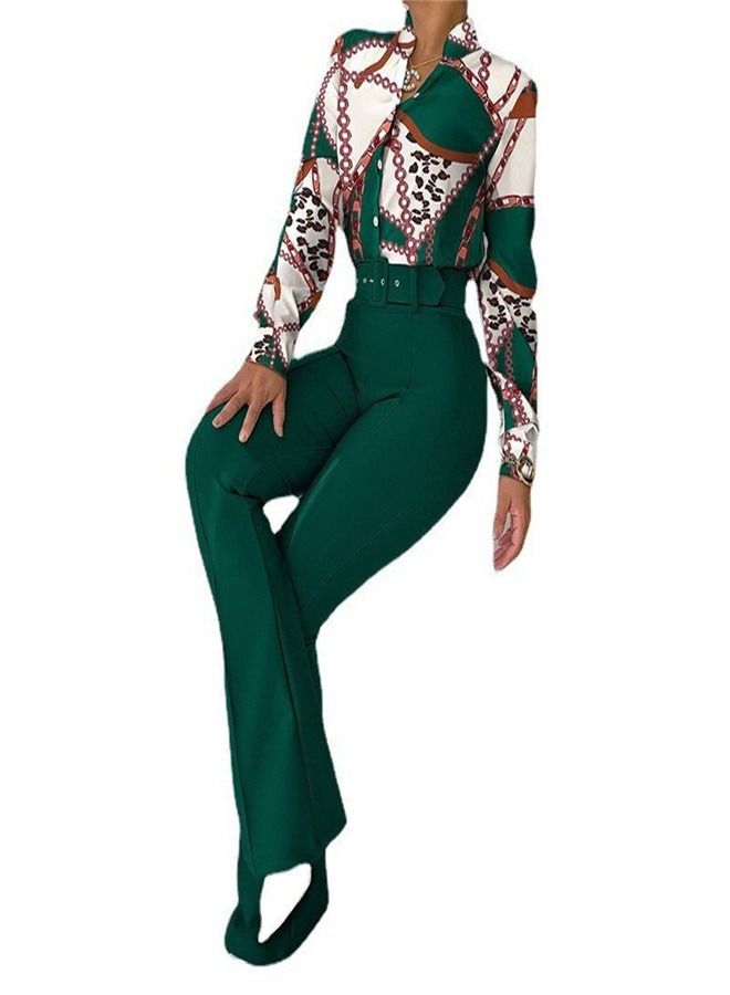 Women's Casual Printing Suit Belt Not Included Green