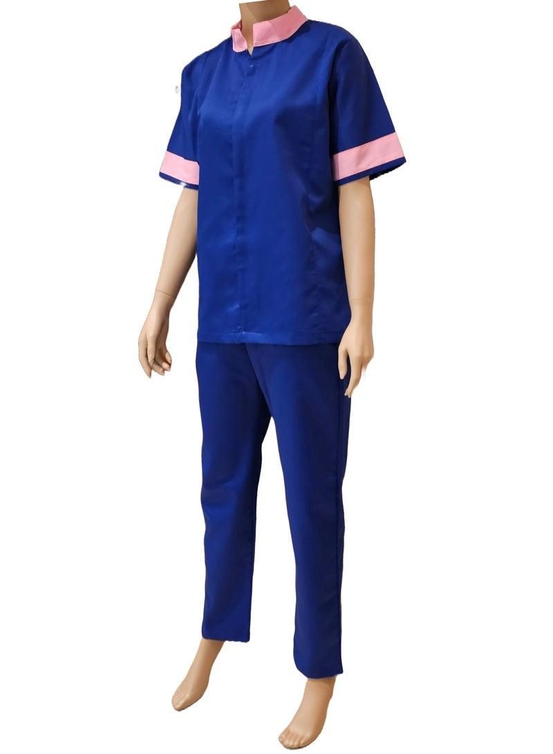 Mandarin collar beautiful design Uniform for Housemaids, beauty salon staff. Royal Blue with Pink Collar