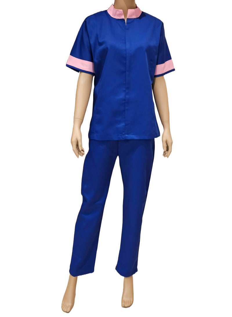 Mandarin collar beautiful design Uniform for Housemaids, beauty salon staff. Royal Blue with Pink Collar