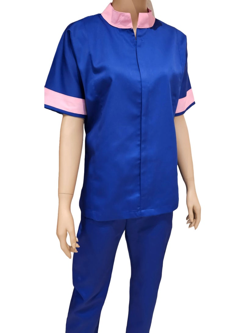 Mandarin collar beautiful design Uniform for Housemaids, beauty salon staff. Royal Blue with Pink Collar