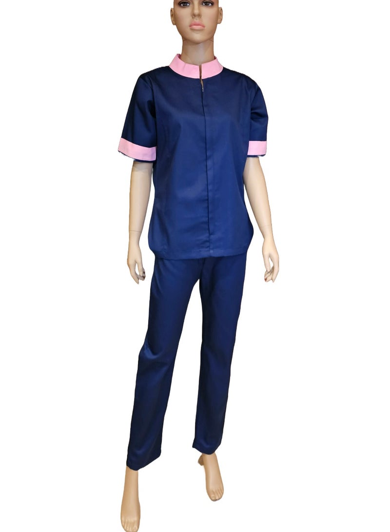 Mandarin collar beautiful design Uniform for Housemaids, beauty salon staff. Navy Blue with Pink Collar