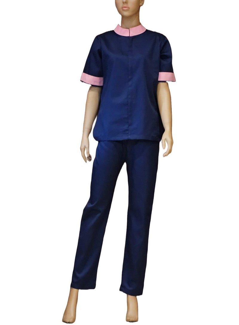 Mandarin collar beautiful design Uniform for Housemaids, beauty salon staff. Navy Blue with Pink Collar