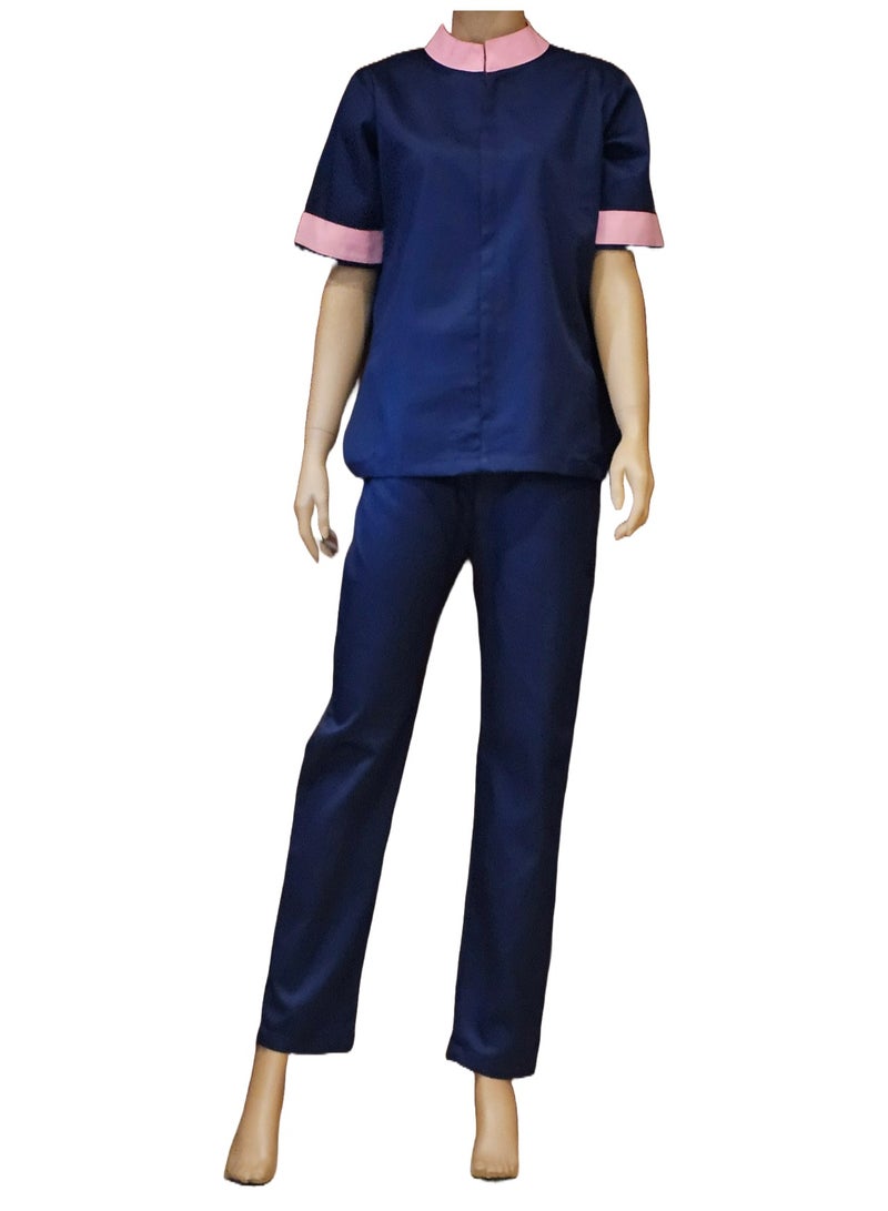 Mandarin collar beautiful design Uniform for Housemaids, beauty salon staff. Navy Blue with Pink Collar