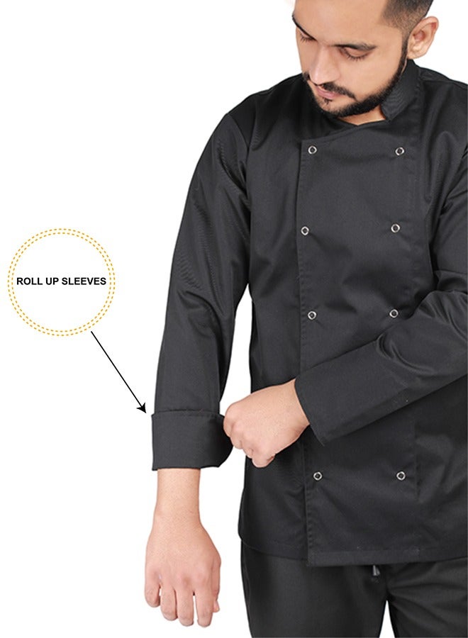 YANEK Chef Jacket Coat Long Sleeve with Snap Buttons made from Breathable Twill Cotton with Sleeve Pocket | For Restaurant, Cafe, Bakery, Home Kitchens | Wash and Wear Durable Fabric