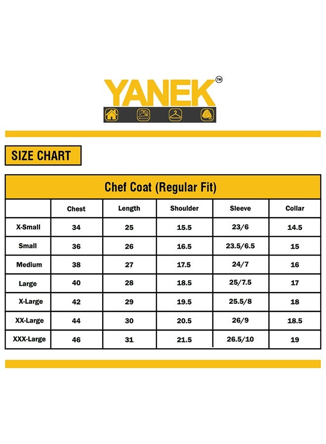 YANEK Chef Jacket Coat Long Sleeve with Snap Buttons made from Breathable Twill Cotton with Sleeve Pocket | For Restaurant, Cafe, Bakery, Home Kitchens | Wash and Wear Durable Fabric