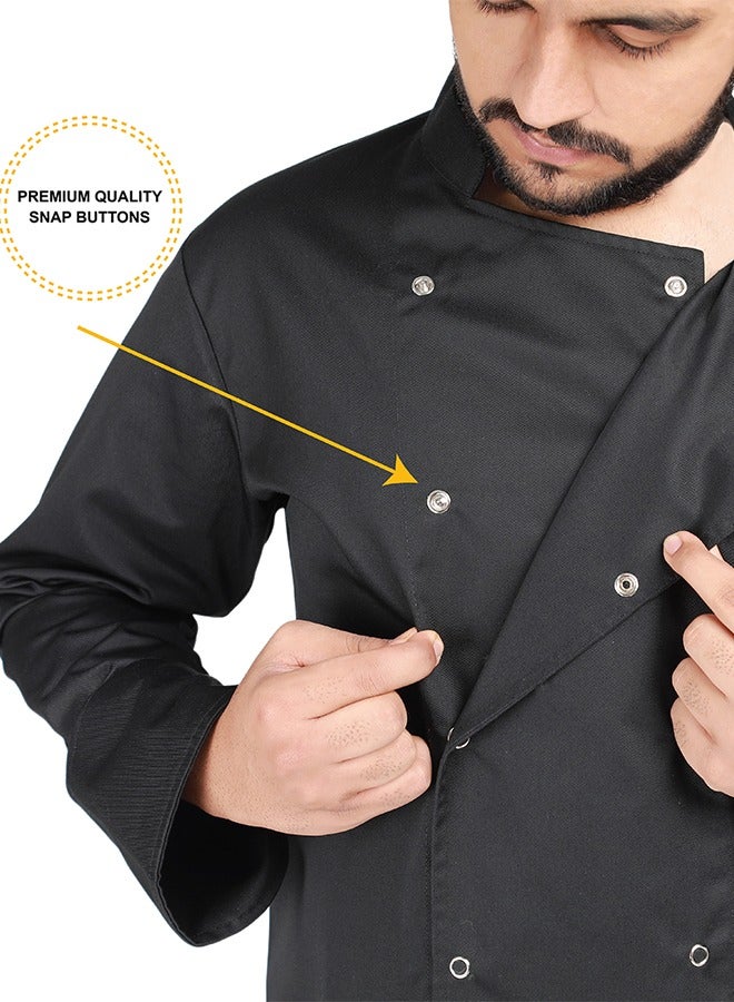 YANEK Chef Jacket Coat Long Sleeve with Snap Buttons made from Breathable Twill Cotton with Sleeve Pocket | For Restaurant, Cafe, Bakery, Home Kitchens | Wash and Wear Durable Fabric