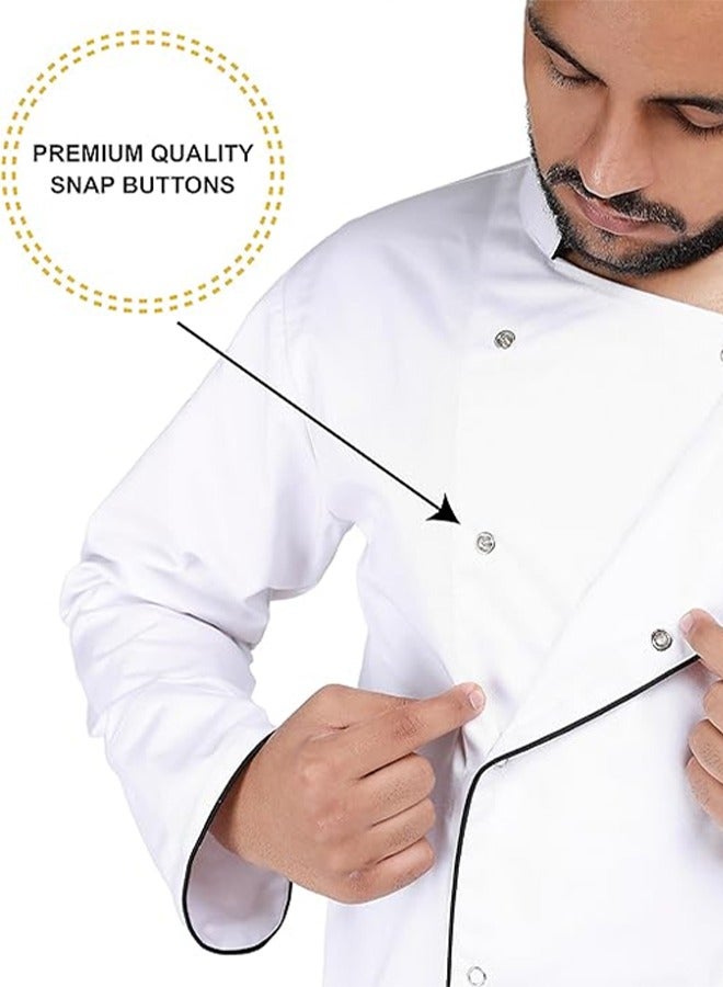 YANEK Chef Jacket Coat Long Sleeve With Snap Buttons Made From Breathable Twill Cotton With Sleeve Pocket For Restaurant Cafe Bakery Home Kitchens Wash and Wear Durable Fabric