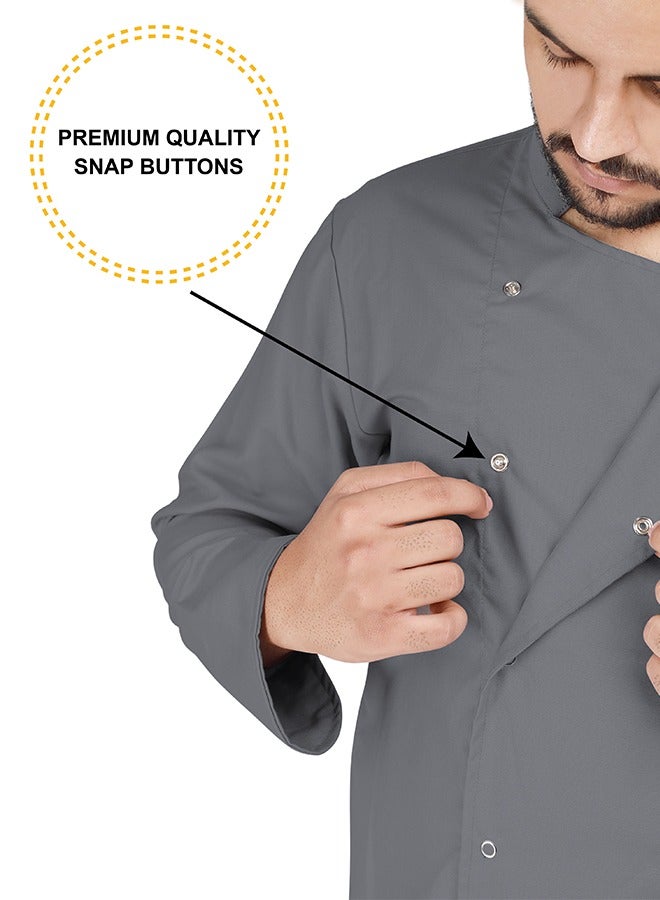 YANEK Chef Jacket Coat Long Sleeve with Snap Buttons made from Breathable Twill Cotton with Sleeve Pocket | For Restaurant, Cafe, Bakery, Home Kitchens | Wash and Wear Durable Fabric