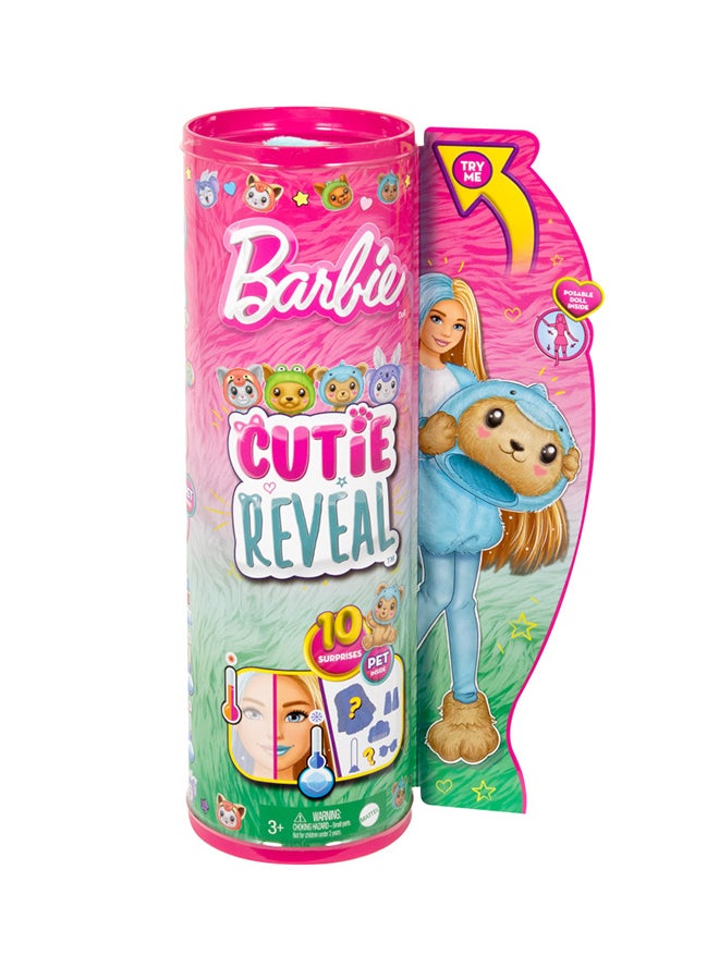 Cutie Reveal Doll & Accessories With Animal Plush Costume & 10 Surprises Including Color Change, Teddy Bear As Dolphin In Costume-Themed Series