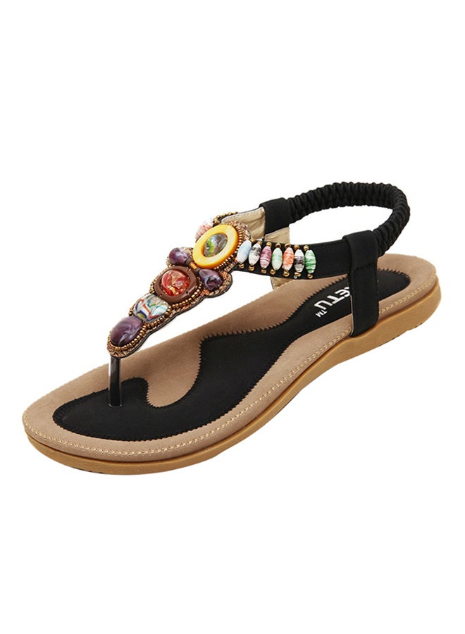 Bohemian Stud String Bead Clip Toe Flat Sandals Black