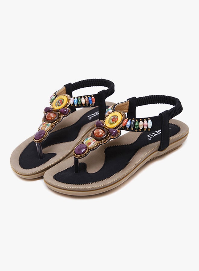 Bohemian Stud String Bead Clip Toe Flat Sandals Black