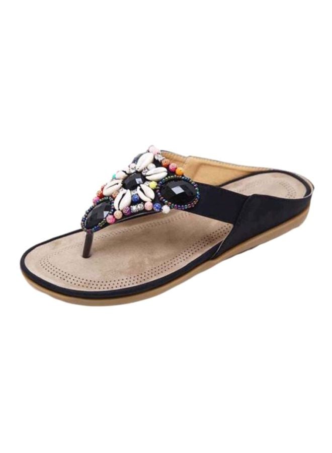 Stone Studded Slip-On Flat Sandals Beige/Black