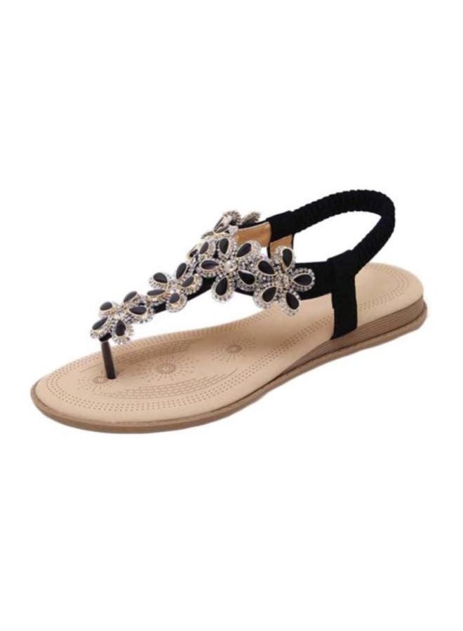 Stone Studded Flat Sandals Black/Beige