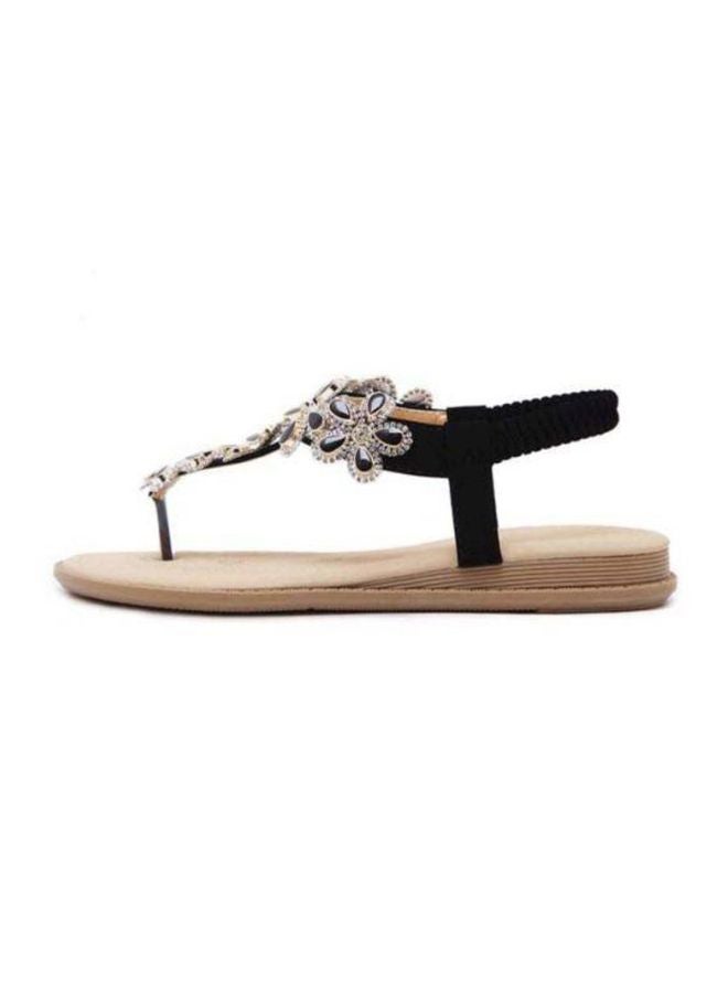 Stone Studded Flat Sandals Black/Beige