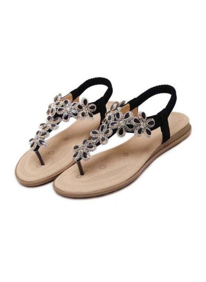 Stone Studded Flat Sandals Black/Beige