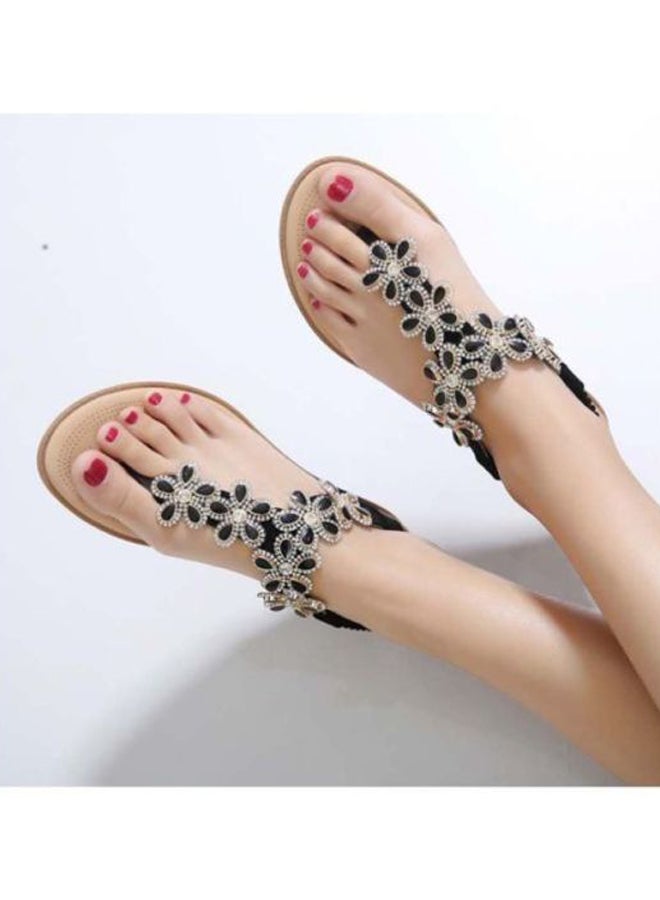 Stone Studded Flat Sandals Black/Beige