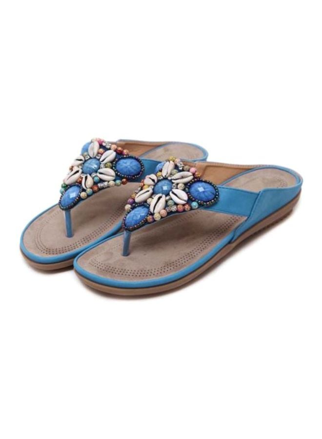 Beaded Slip-On Flat Sandals Blue