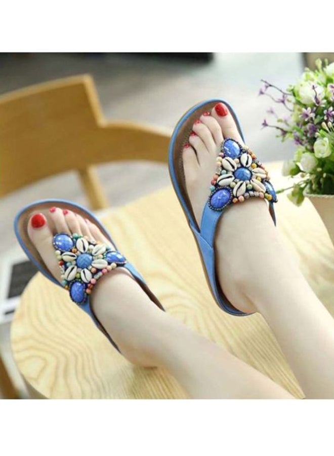 Beaded Slip-On Flat Sandals Blue