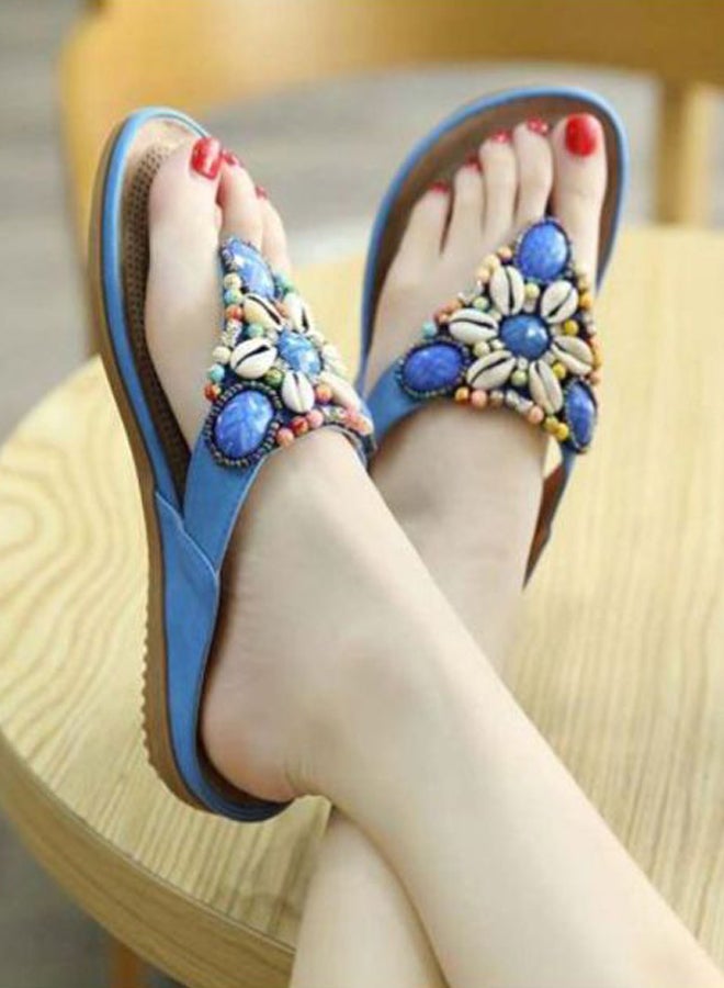 Beaded Slip-On Flat Sandals Blue