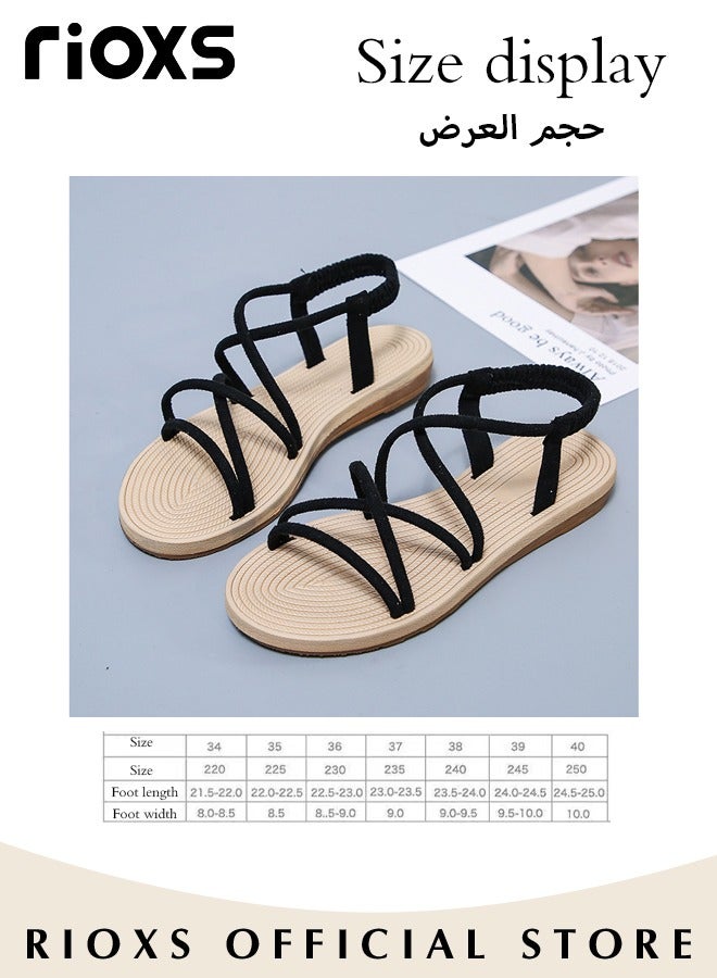 Women's Flat Sandals Comfortable Ankle Strap Cutout Summer Roman Adjustable Slip-on Slide Shoes