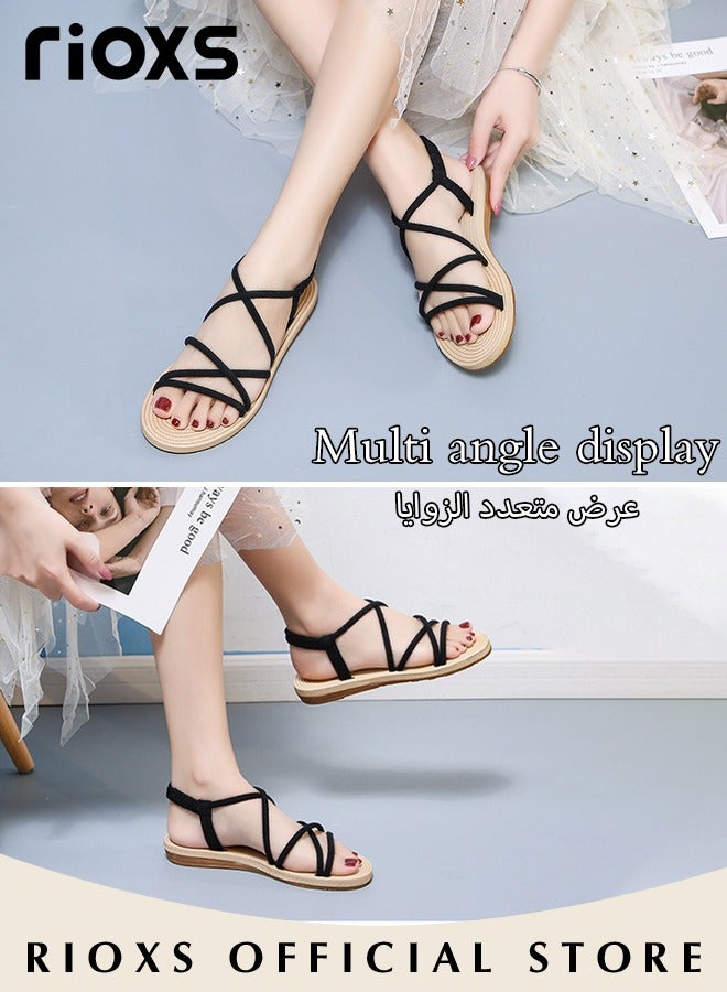 Women's Flat Sandals Comfortable Ankle Strap Cutout Summer Roman Adjustable Slip-on Slide Shoes