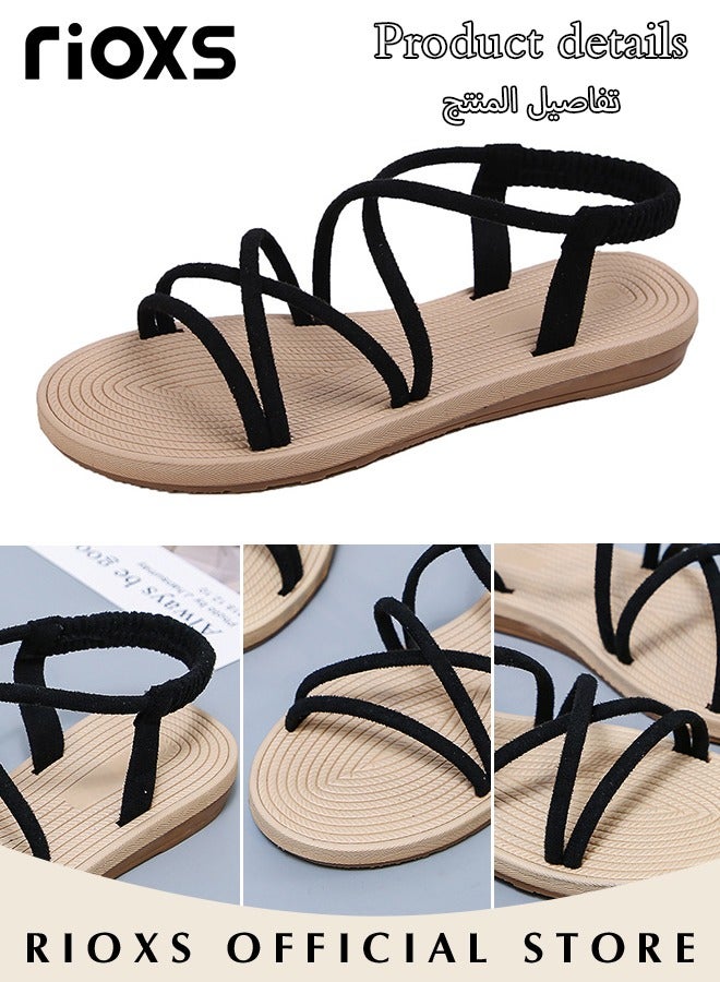 Women's Flat Sandals Comfortable Ankle Strap Cutout Summer Roman Adjustable Slip-on Slide Shoes