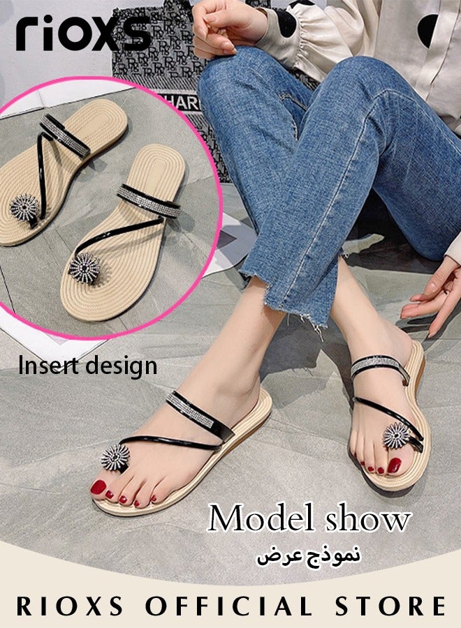 Women's Flat Sandals,Glitter Beach Sandals,Shiny Diamond Rhinestone Sandals,Anti-Slip Flip Flop Sandals,Slip On Hollow Out Flat Sandals Slippers,Comfy Shoes For Women Ladies,Toe Ring Sandals