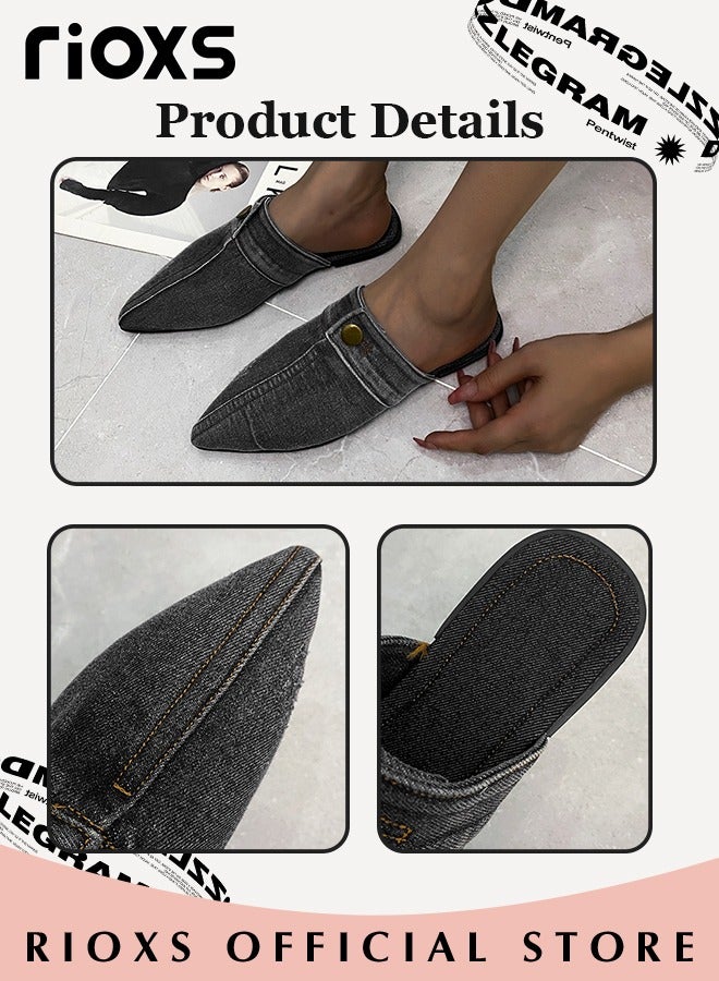 Women's Flat Mules,Pointed Toe Loafer Shoes,Closed Toe Mules,Slip On Backless Flats Shoes,Fashion Casual Denim Slippers For Women Ladies,Flats For Shopping Walking Work or Travel