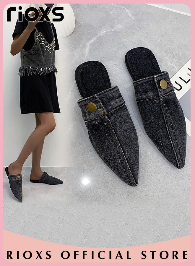 Women's Flat Mules,Pointed Toe Loafer Shoes,Closed Toe Mules,Slip On Backless Flats Shoes,Fashion Casual Denim Slippers For Women Ladies,Flats For Shopping Walking Work or Travel