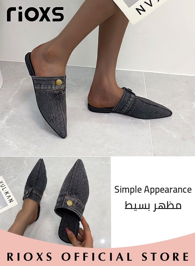 Women's Flat Mules,Pointed Toe Loafer Shoes,Closed Toe Mules,Slip On Backless Flats Shoes,Fashion Casual Denim Slippers For Women Ladies,Flats For Shopping Walking Work or Travel