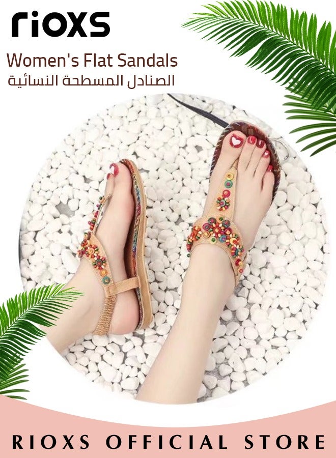 Flat Sandals For Women Bohemian Beaded Sandals Women's Fashion Ankle Strap Beach Sandal Slip-on Flats Shoes For Ladies Vacation Shopping Walking Daily Wear