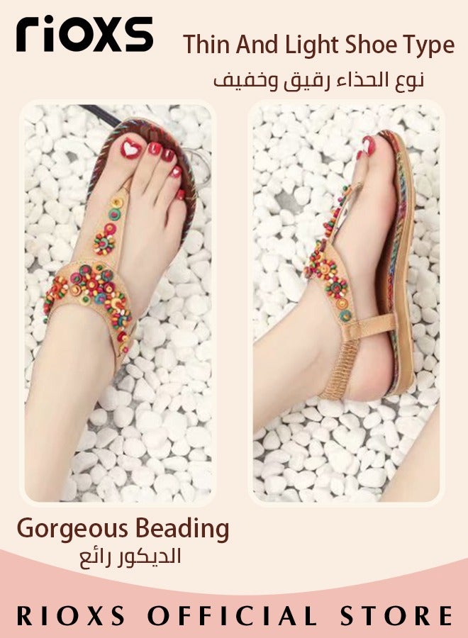 Flat Sandals For Women Bohemian Beaded Sandals Women's Fashion Ankle Strap Beach Sandal Slip-on Flats Shoes For Ladies Vacation Shopping Walking Daily Wear