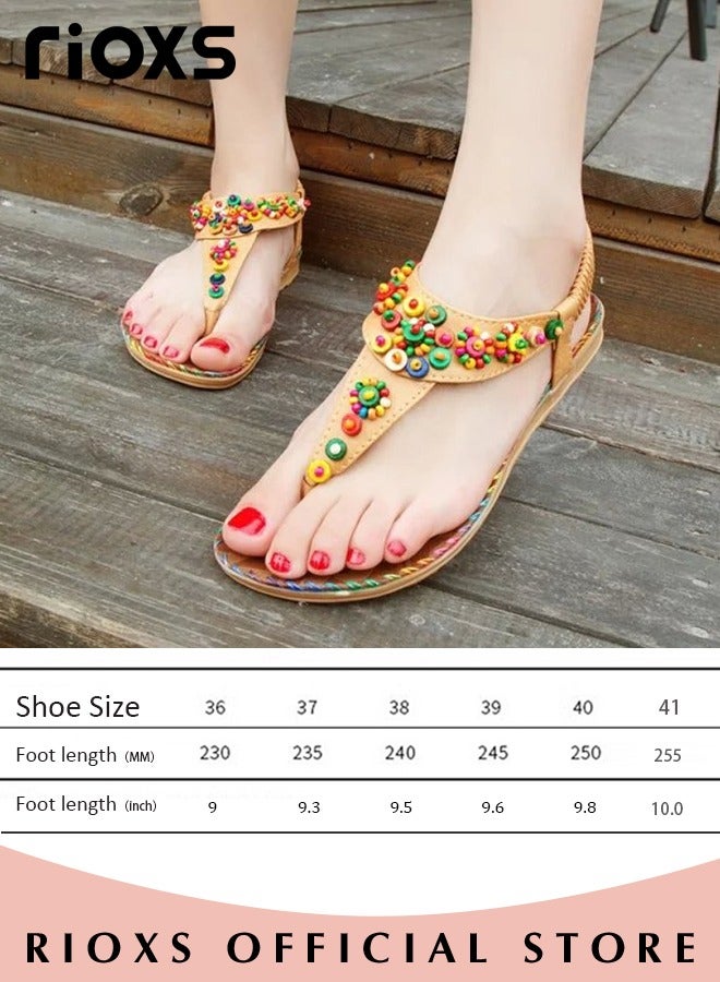 Flat Sandals For Women Bohemian Beaded Sandals Women's Fashion Ankle Strap Beach Sandal Slip-on Flats Shoes For Ladies Vacation Shopping Walking Daily Wear