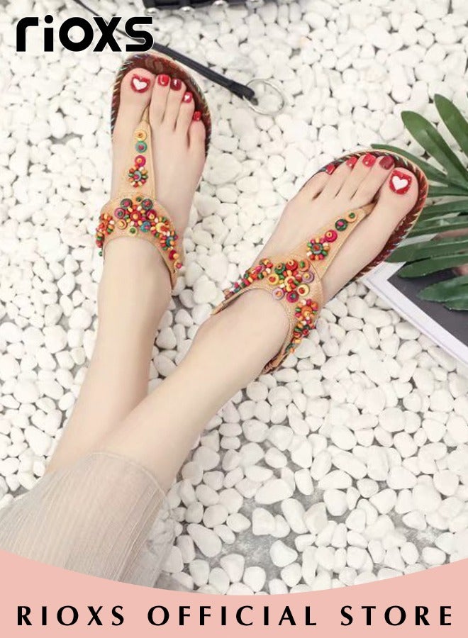 Flat Sandals For Women Bohemian Beaded Sandals Women's Fashion Ankle Strap Beach Sandal Slip-on Flats Shoes For Ladies Vacation Shopping Walking Daily Wear