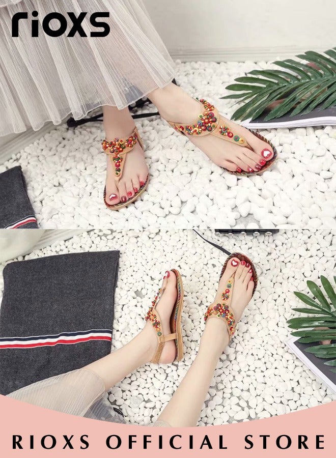 Flat Sandals For Women Bohemian Beaded Sandals Women's Fashion Ankle Strap Beach Sandal Slip-on Flats Shoes For Ladies Vacation Shopping Walking Daily Wear