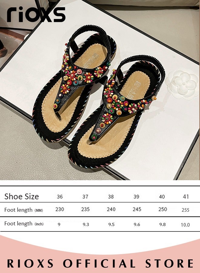 Flat Sandals For Women Bohemian Beaded Sandals Women's Fashion Ankle Strap Beach Sandal Slip-on Flats Shoes For Ladies Vacation Shopping Walking Daily Wear