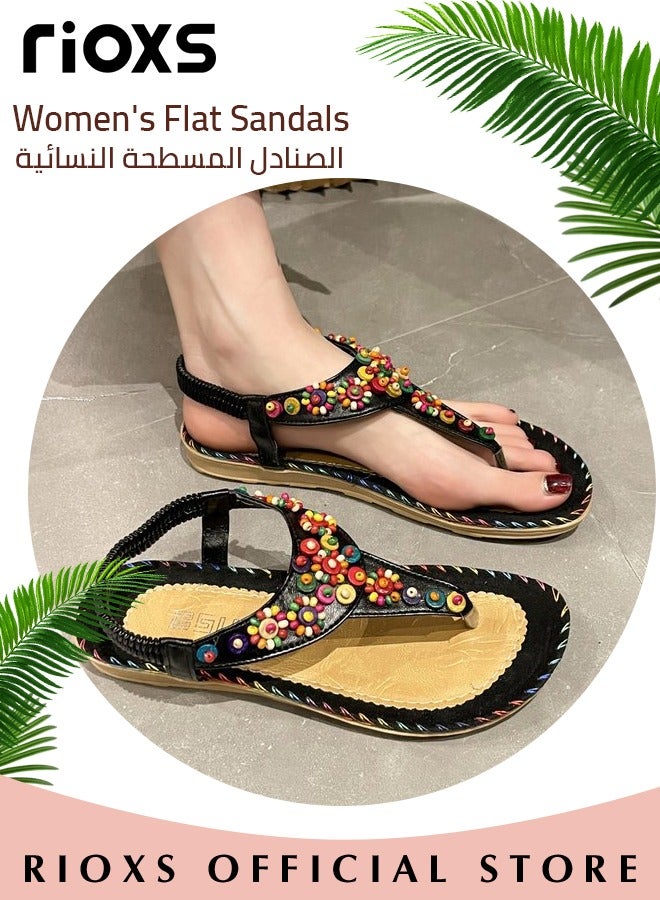 Flat Sandals For Women Bohemian Beaded Sandals Women's Fashion Ankle Strap Beach Sandal Slip-on Flats Shoes For Ladies Vacation Shopping Walking Daily Wear