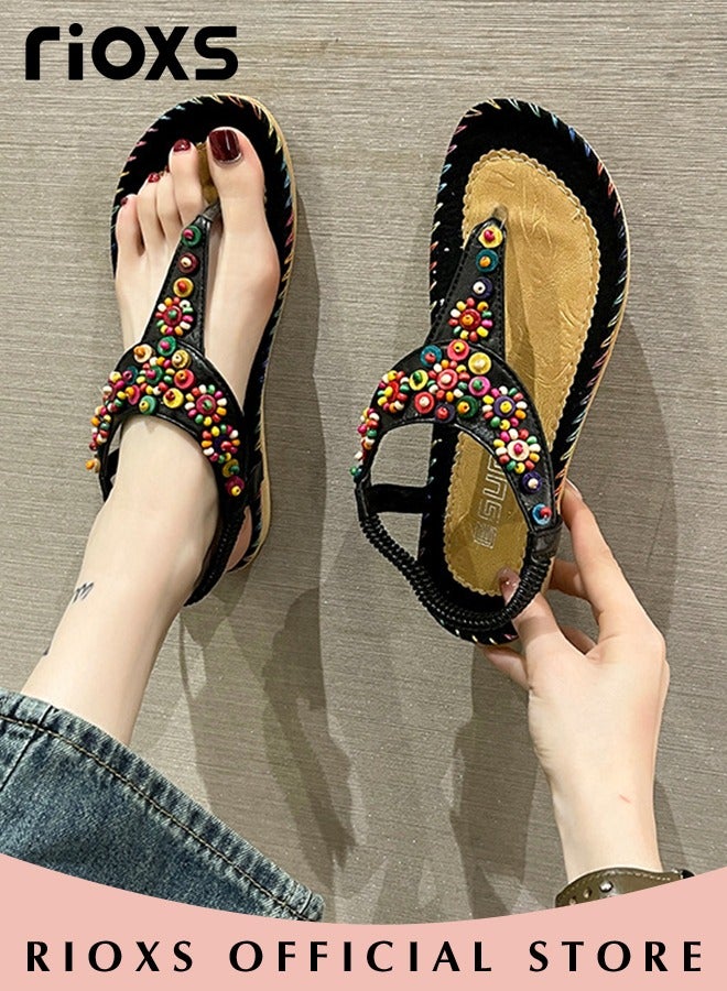 Flat Sandals For Women Bohemian Beaded Sandals Women's Fashion Ankle Strap Beach Sandal Slip-on Flats Shoes For Ladies Vacation Shopping Walking Daily Wear