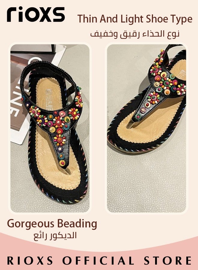 Flat Sandals For Women Bohemian Beaded Sandals Women's Fashion Ankle Strap Beach Sandal Slip-on Flats Shoes For Ladies Vacation Shopping Walking Daily Wear