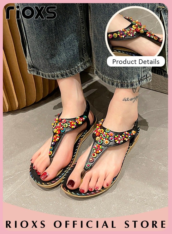 Flat Sandals For Women Bohemian Beaded Sandals Women's Fashion Ankle Strap Beach Sandal Slip-on Flats Shoes For Ladies Vacation Shopping Walking Daily Wear