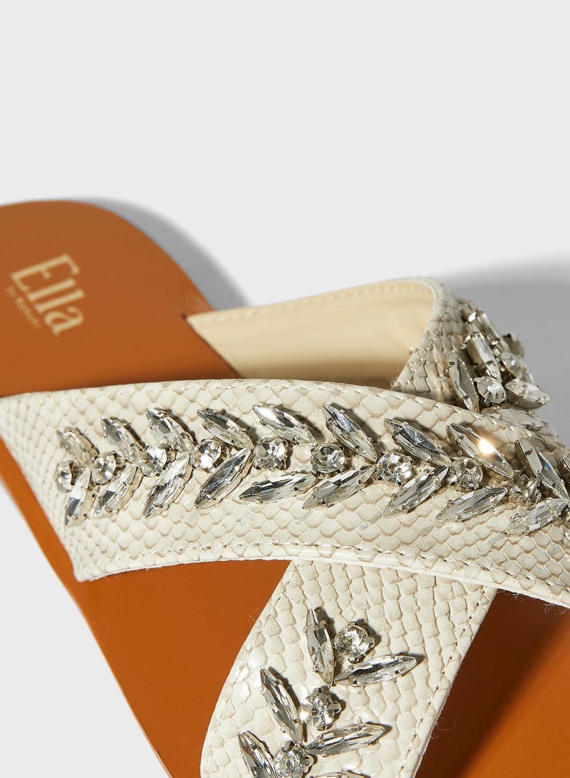 Cross Over Embellished Texture Flat Sandal