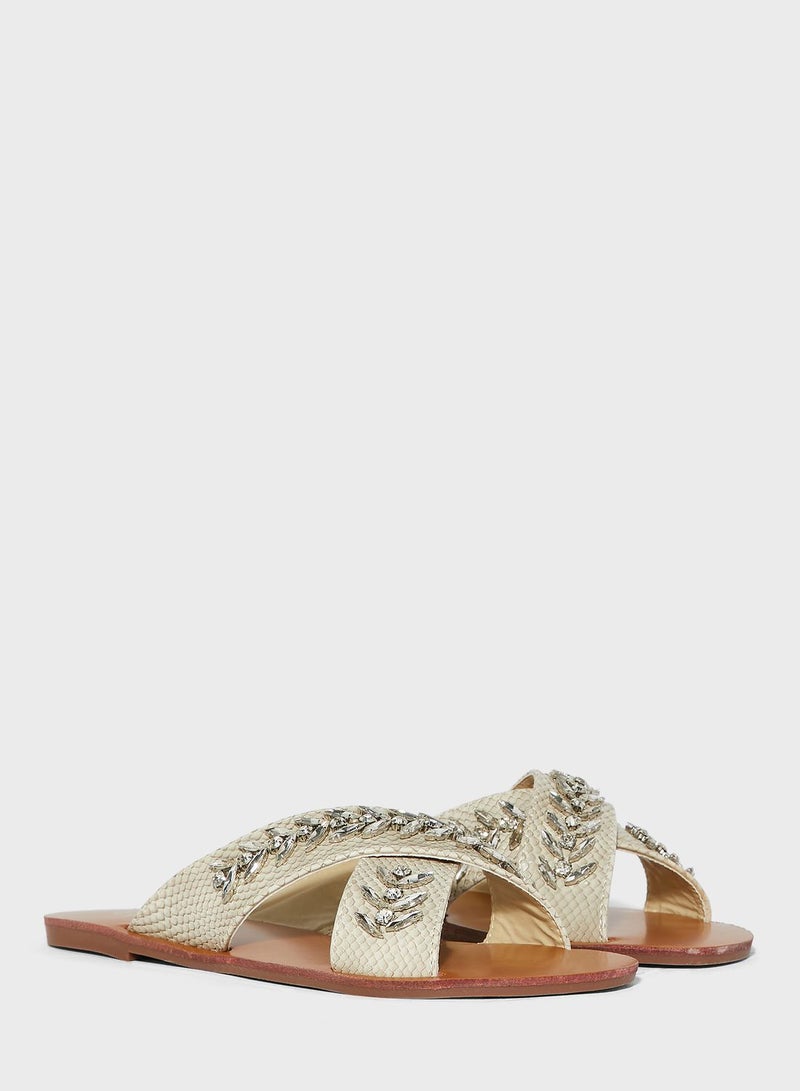 Cross Over Embellished Texture Flat Sandal